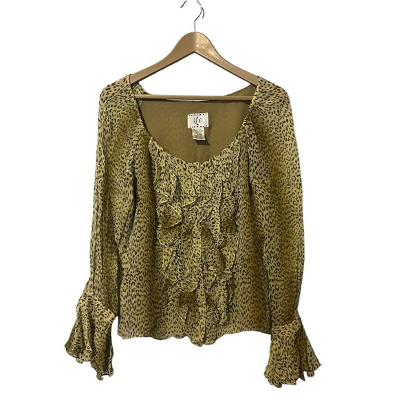 Vintage Y2k Cheetah Print Flowy Ruffle Silk Blouse - Women’s Medium - Picture 1 of 6
